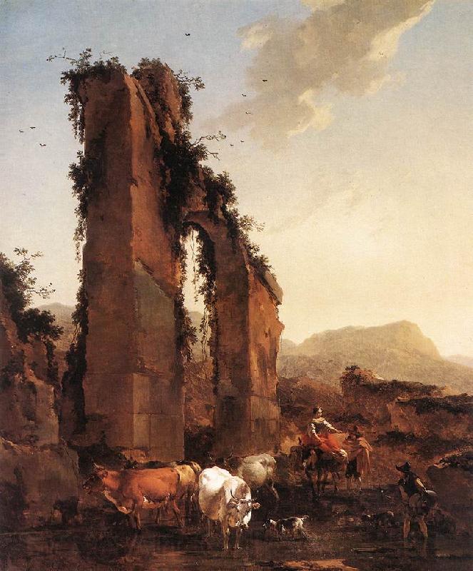 BERCHEM, Nicolaes Peasants with Cattle by a Ruined Aqueduct Spain oil painting art